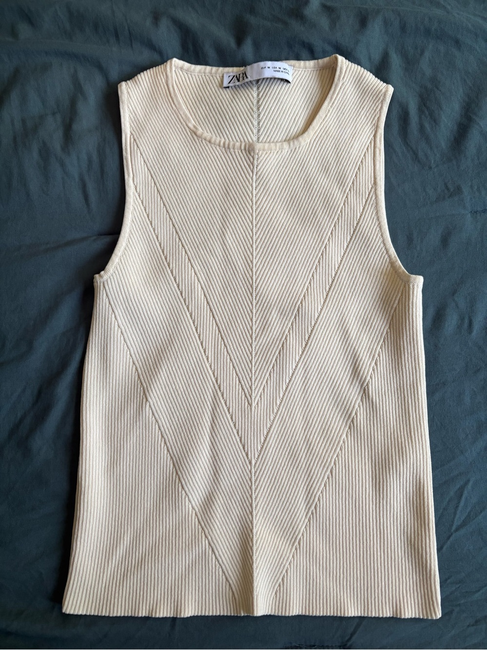 Zara Cream Ribbed V-Panel Sleeveless Tank